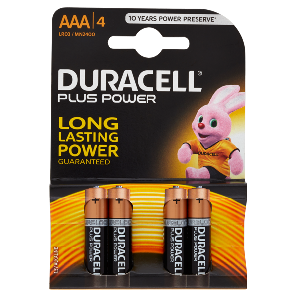 Image of Duracell Plus Power AAA LR03 / MN2400 1.5V Alkaline 4 pile 1473424