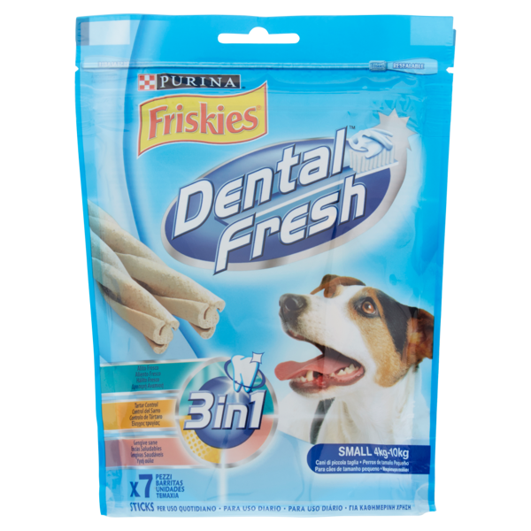 Image of PURINA FRISKIES Dental fresh Snack igiene orale e dentale taglia S busta 7 bastoncini x 110 g 1366515