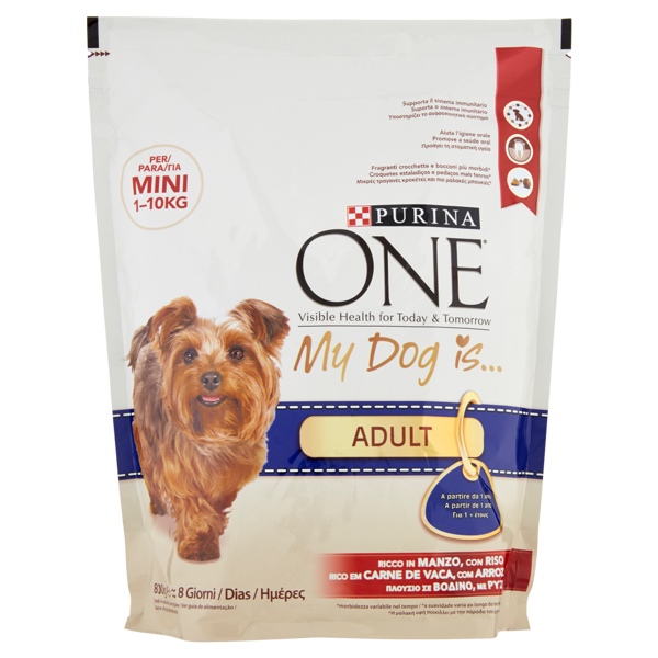 Image of PURINA ONE My Dog Is… Crocchette Cane Adult per cani 1-10kg Ricco in Manzo con Riso sacco 800 g 1463227