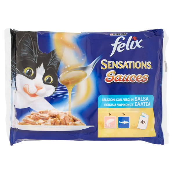 Image of PURINA FELIX Sensations Sauces Gatto Con Salmone gusto Gamberetti; Con Sardine e Carote Busta 4x100g 1561613