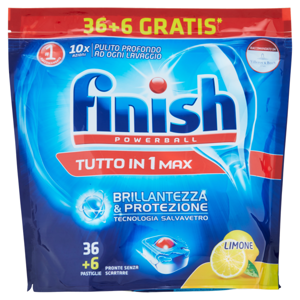 Image of Finish Powerball Tutto in 1 Max Brillantezza&Protezione Limone 36+6 781,2 g 1558493
