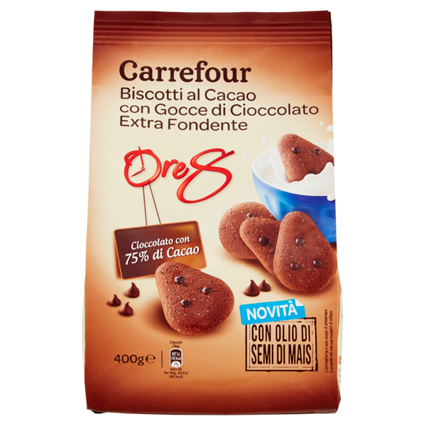 Image of Carrefour Ore 8 Biscotti al Cacao con Gocce di Cioccolato Extra Fondente 400 g 1572451